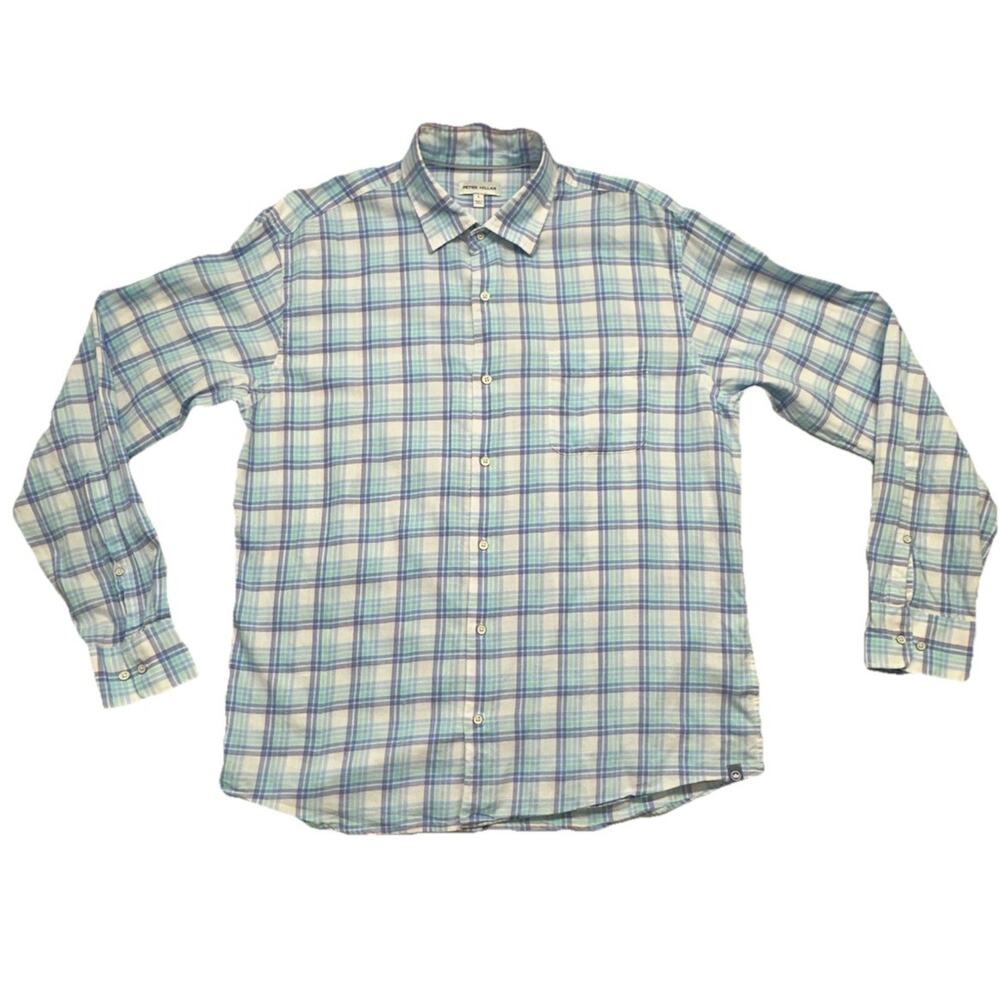 Peter Millar Shirt Men Size L Blue Pink White Button Up Plaid Cotton 100%